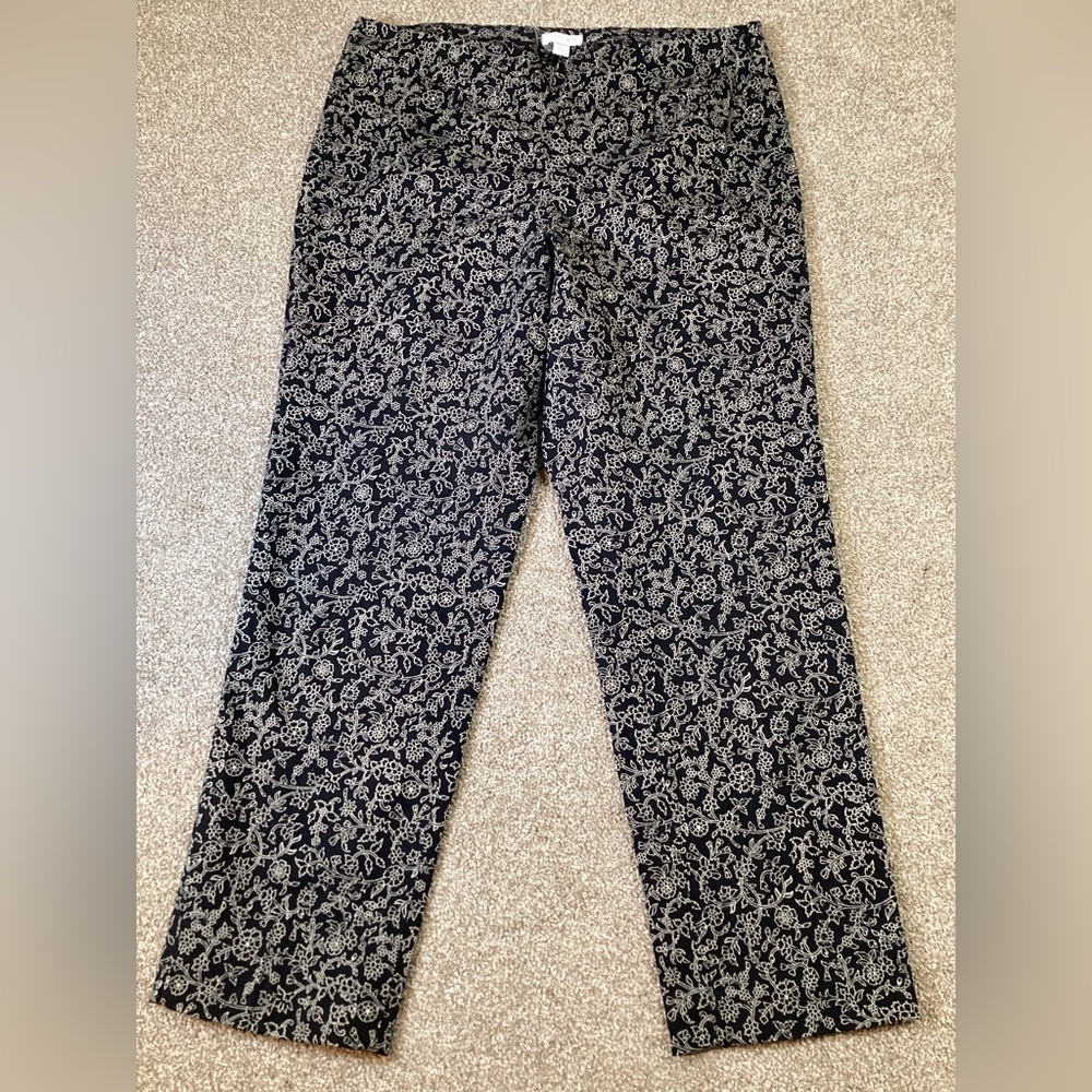 J Jill Black Cream Floral Print Ankle Pants 8p